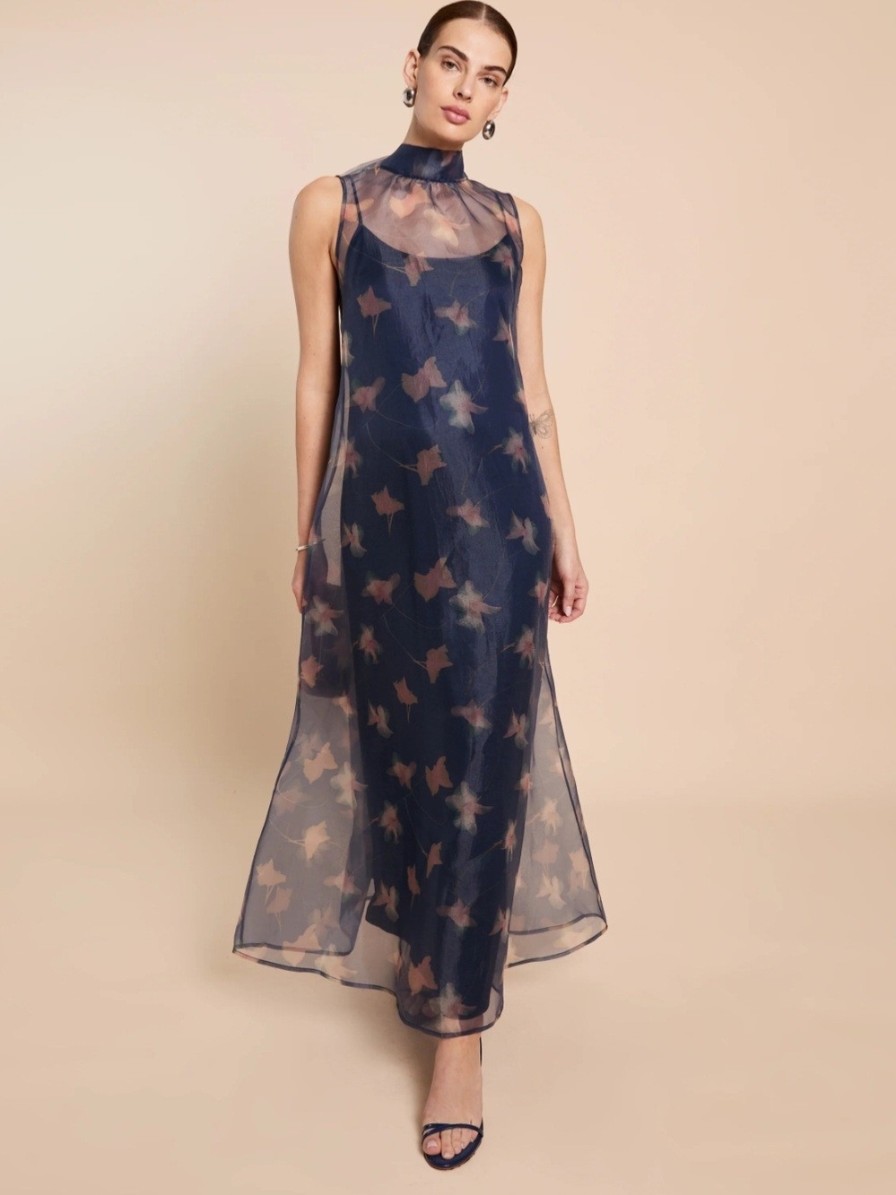 Sheer Navy Star-Print Maxi Dress